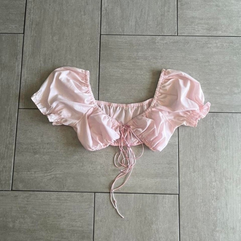 Pink Puff Sleeve Crop Top Milkmaid Tie Front Ruffle Blouse SH0401